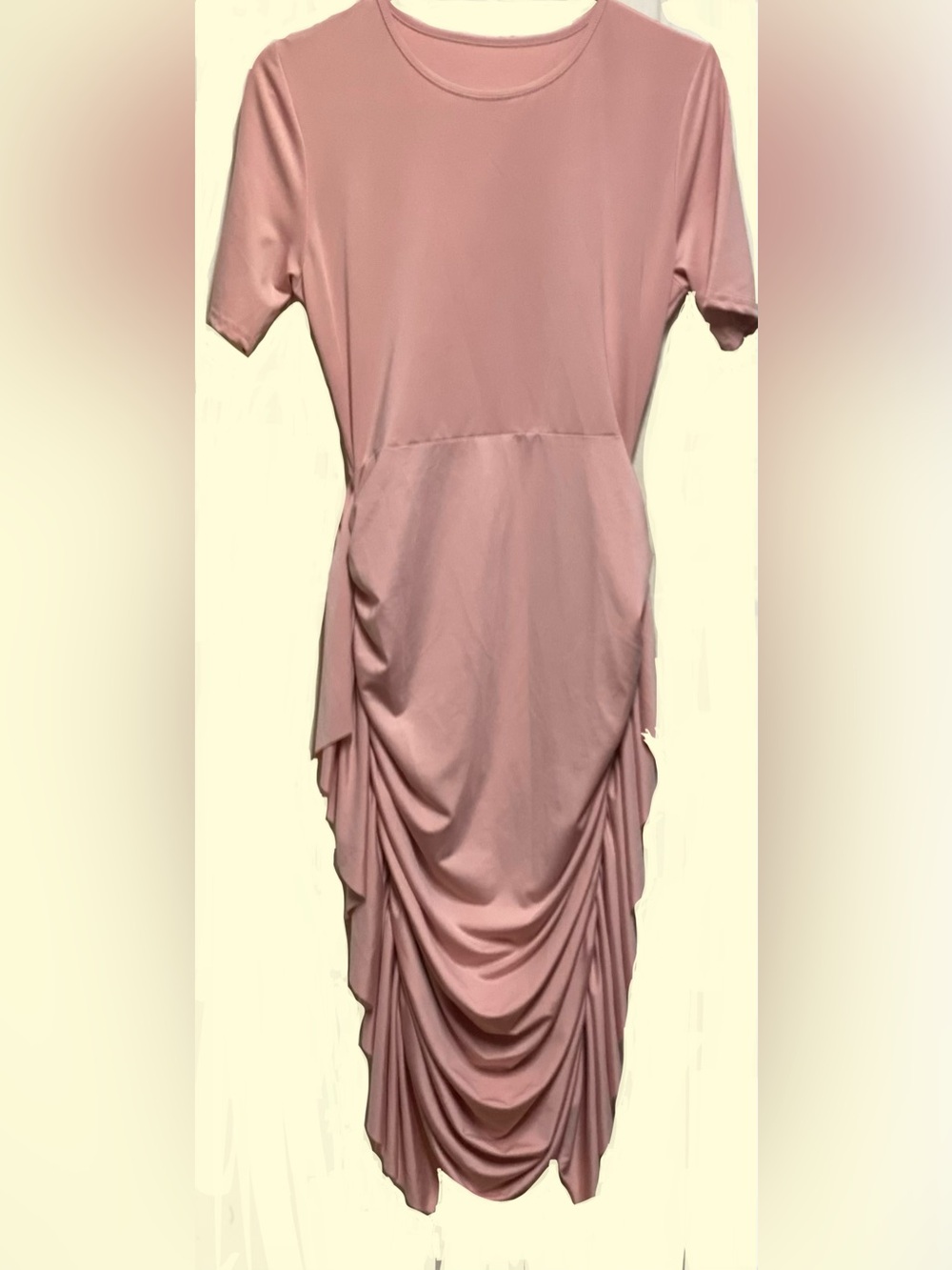 Blush Pink Ruched Bodycon Midi Dress – Draped Side Detail –